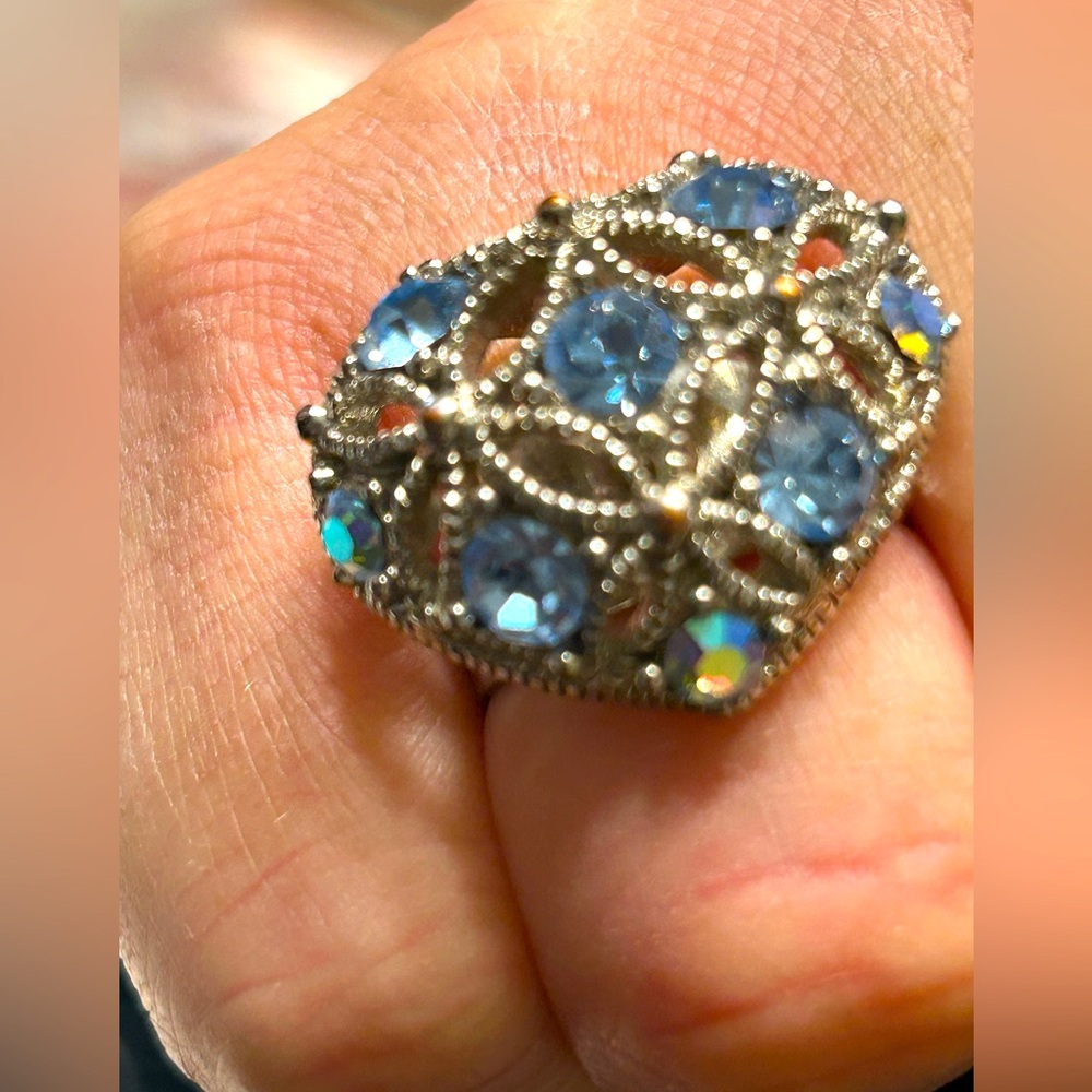 Silver Adjustable Heart Ring with Blue Aurora Borealis Cubic Zirconia Gemstones